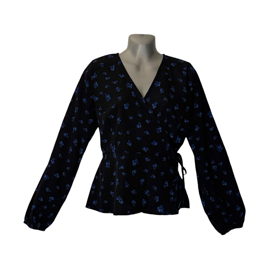 Spring Black and Blue Floral Wrap Blouse
